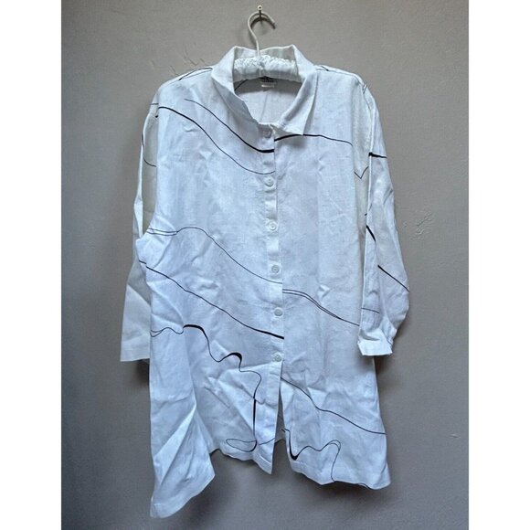 CTC Linens Womens XL Button Down Lagenlook Tunic Shirt Top White Black Print - Picture 1 of 8